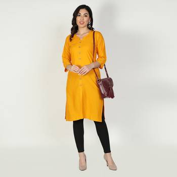 Fabclub Women Rayon Solid Plain Front Slit Straight Kurti (Mustard Yellow) 1