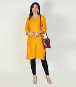 Fabclub Women Rayon Solid Plain Front Slit Straight Kurti (Mustard Yellow)