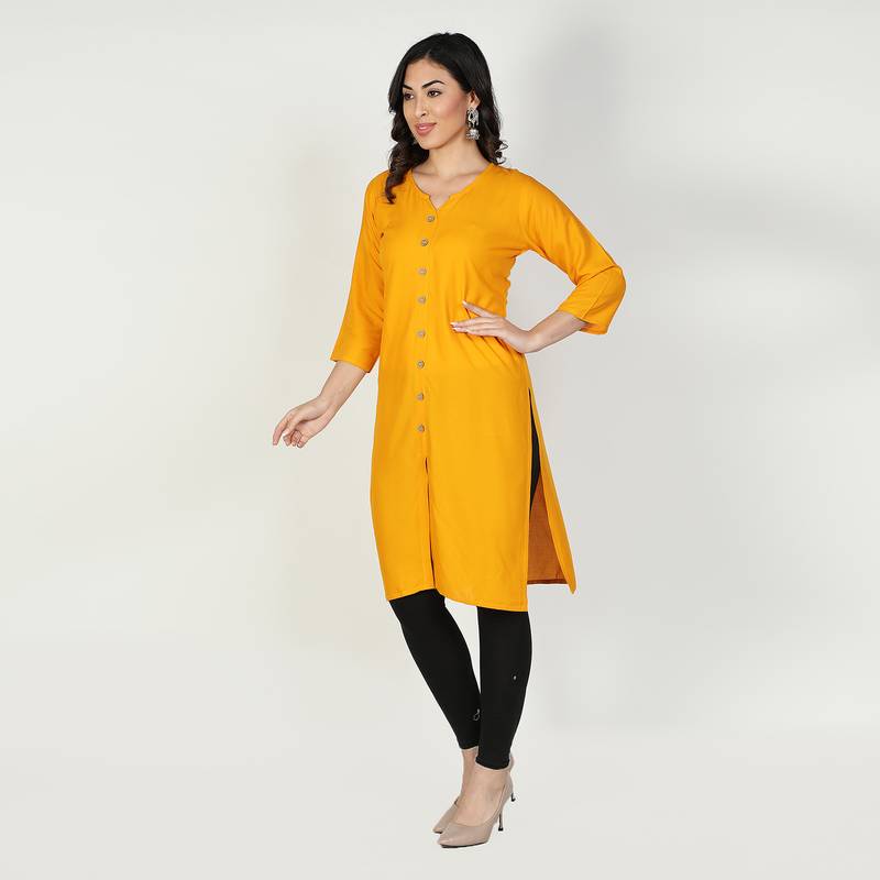 Fabclub Women Rayon Solid Plain Front Slit Straight Kurti (Mustard Yellow)