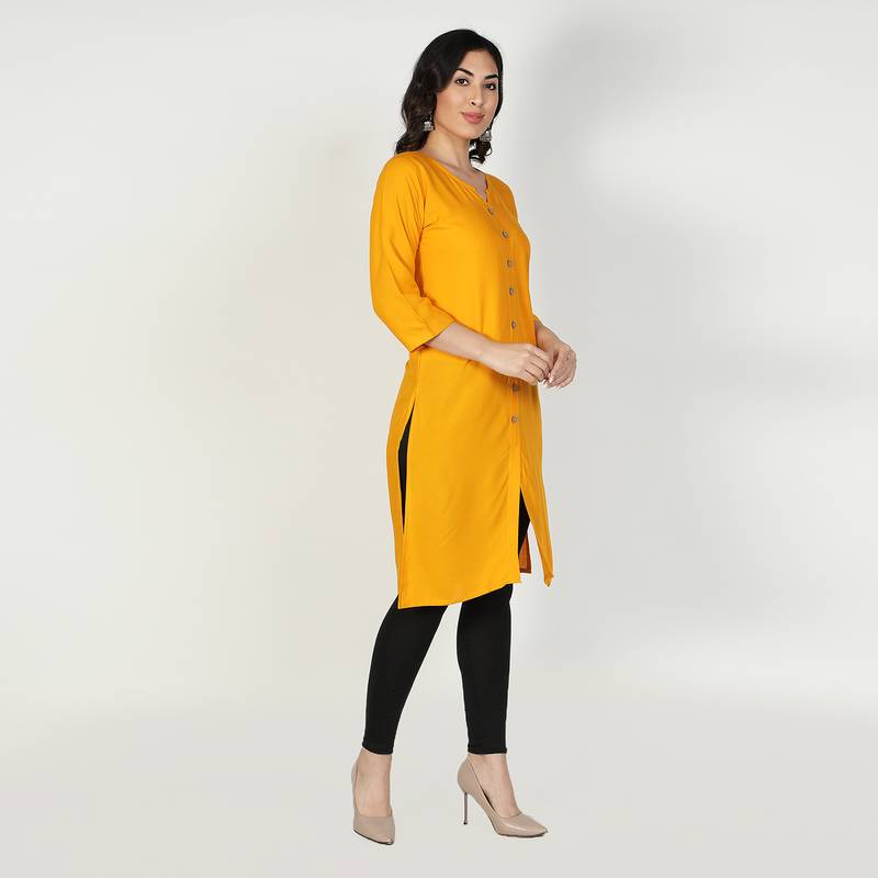 Fabclub Women Rayon Solid Plain Front Slit Straight Kurti (Mustard Yellow)