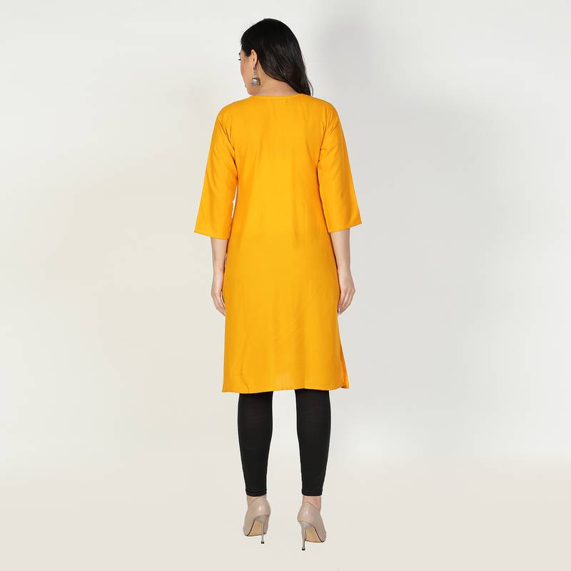 Fabclub Women Rayon Solid Plain Front Slit Straight Kurti (Mustard Yellow)