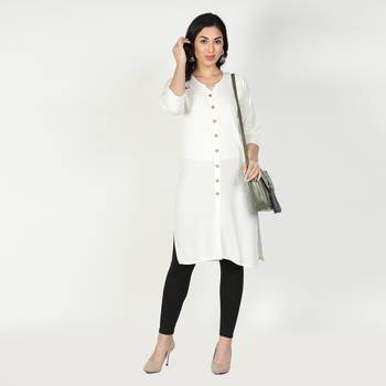 Fabclub Women Rayon Solid Plain Front Slit Straight Kurti (Off White) 1