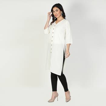 Fabclub Women Rayon Solid Plain Front Slit Straight Kurti (Off White) 2