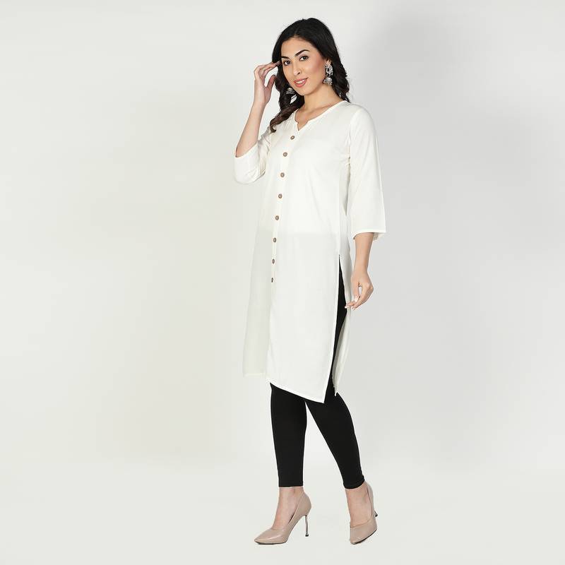 Fabclub Women Rayon Solid Plain Front Slit Straight Kurti (Off White)