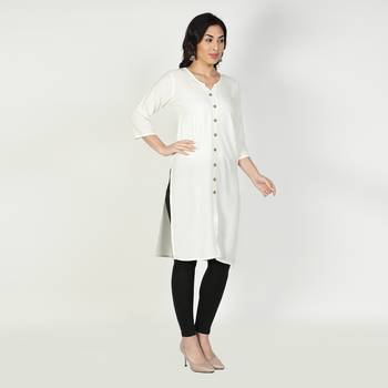 Fabclub Women Rayon Solid Plain Front Slit Straight Kurti (Off White) 3
