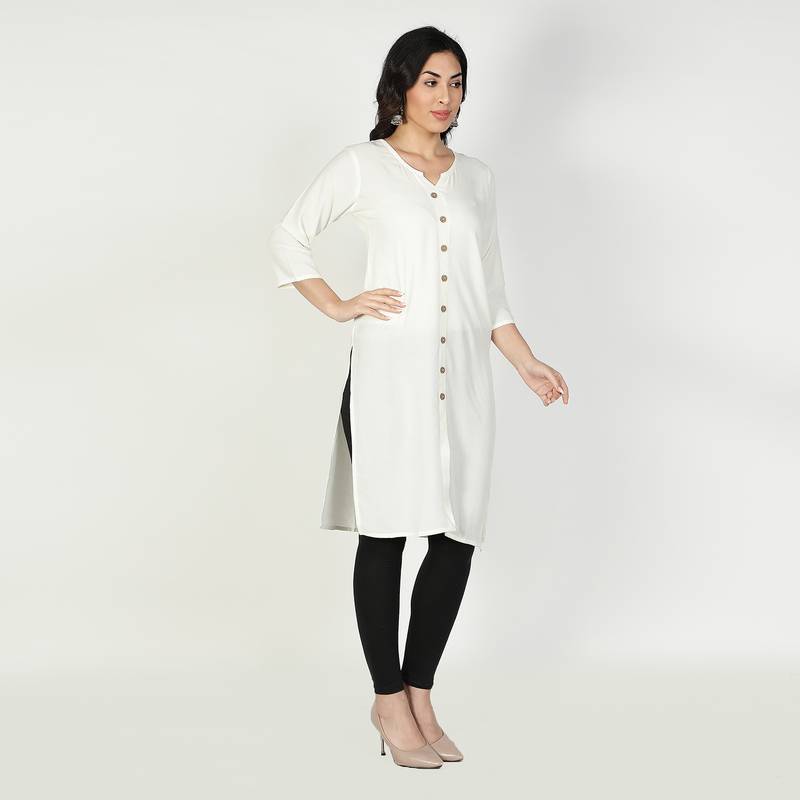 Fabclub Women Rayon Solid Plain Front Slit Straight Kurti (Off White)