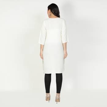 Fabclub Women Rayon Solid Plain Front Slit Straight Kurti (Off White) 4