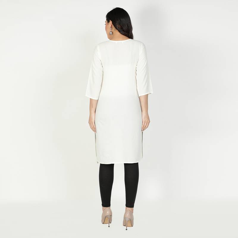 Fabclub Women Rayon Solid Plain Front Slit Straight Kurti (Off White)