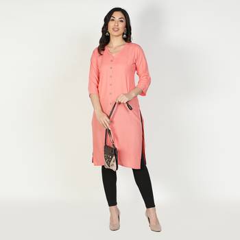 Fabclub Women Rayon Solid Plain Front Slit Straight Kurti (Peach) 1