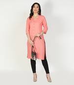 Fabclub Women Rayon Solid Plain Front Slit Straight Kurti (Peach)