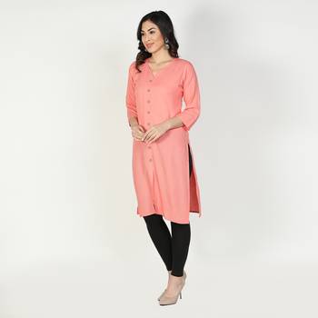 Fabclub Women Rayon Solid Plain Front Slit Straight Kurti (Peach) 2