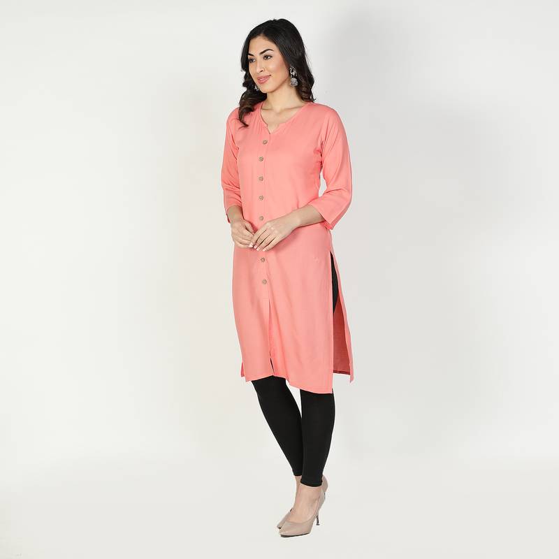 Fabclub Women Rayon Solid Plain Front Slit Straight Kurti (Peach)