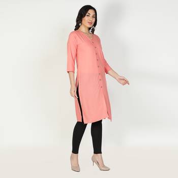 Fabclub Women Rayon Solid Plain Front Slit Straight Kurti (Peach) 3