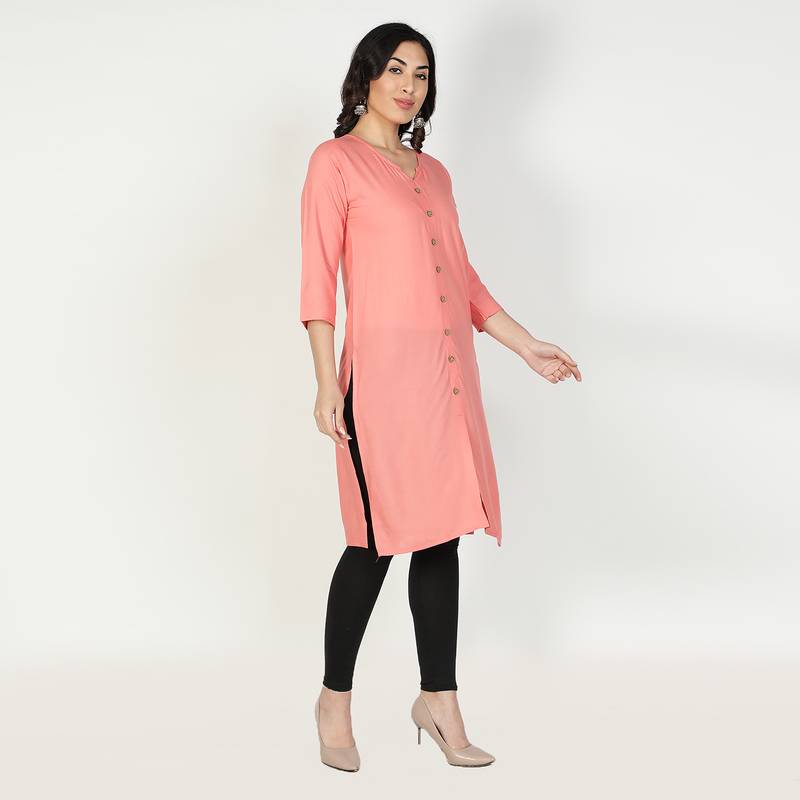 Fabclub Women Rayon Solid Plain Front Slit Straight Kurti (Peach)