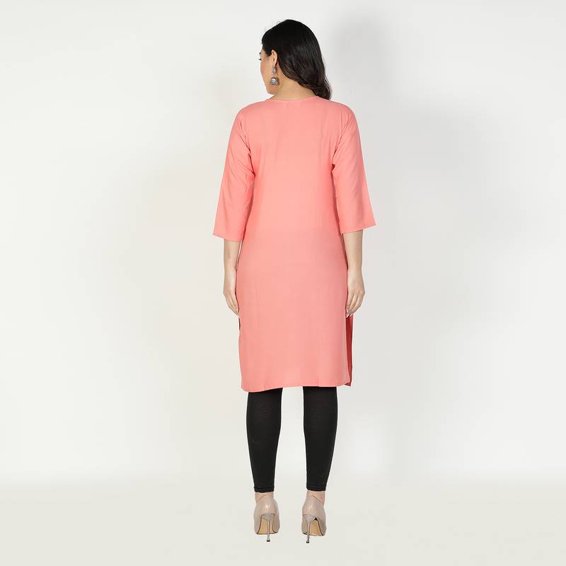 Fabclub Women Rayon Solid Plain Front Slit Straight Kurti (Peach)