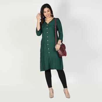 Fabclub Women Rayon Solid Plain Front Slit Straight Kurti (Dark Green) 1
