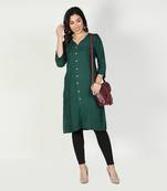 Fabclub Women Rayon Solid Plain Front Slit Straight Kurti (Dark Green)