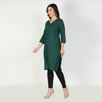 Fabclub Women Rayon Solid Plain Front Slit Straight Kurti (Dark Green) 2