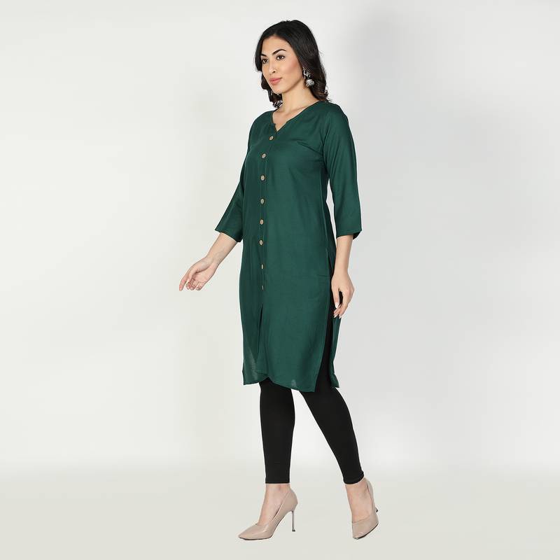 Fabclub Women Rayon Solid Plain Front Slit Straight Kurti (Dark Green)