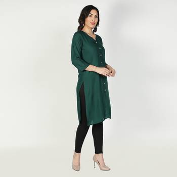 Fabclub Women Rayon Solid Plain Front Slit Straight Kurti (Dark Green) 3