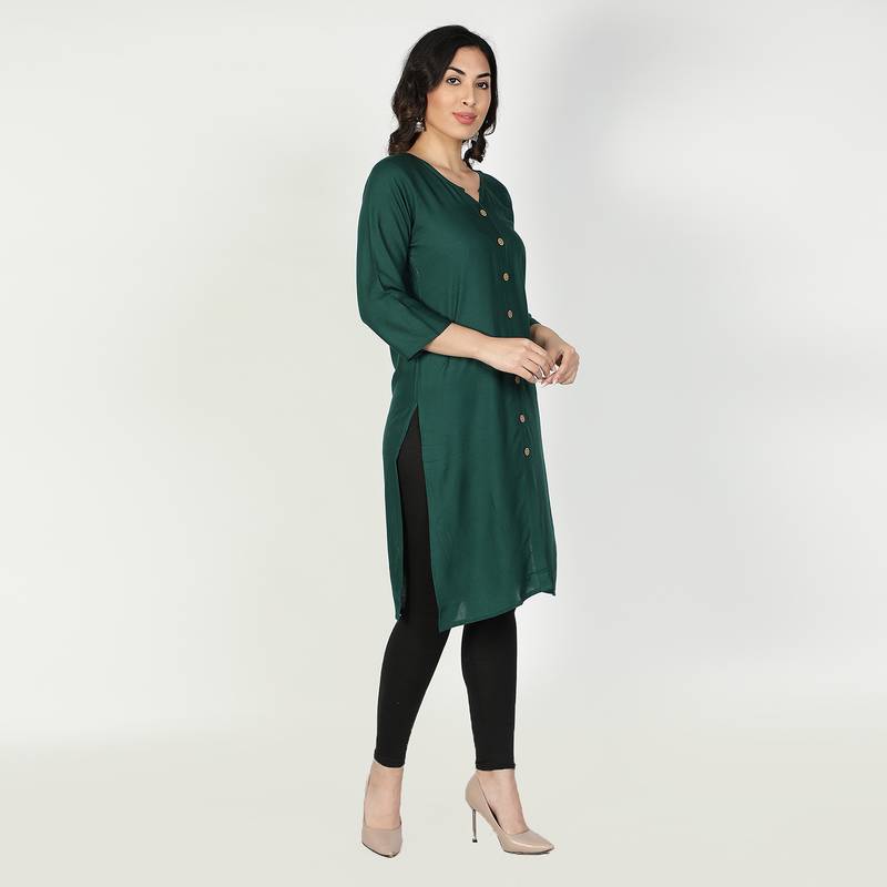 Fabclub Women Rayon Solid Plain Front Slit Straight Kurti (Dark Green)