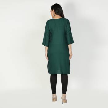 Fabclub Women Rayon Solid Plain Front Slit Straight Kurti (Dark Green) 4