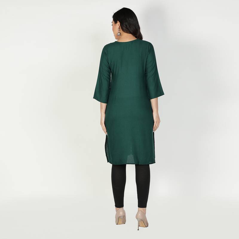 Fabclub Women Rayon Solid Plain Front Slit Straight Kurti (Dark Green)