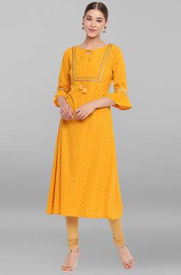 Janasya Mustard printed crepe ethnic kurtis 1