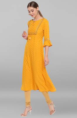 Janasya Mustard printed crepe ethnic kurtis 2