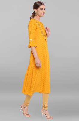 Janasya Mustard printed crepe ethnic kurtis 3