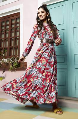 Janasya Pink printed rayon long kurtis 1