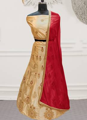 Beige Embroidery Satin Silk Party Wear  Ethnic Lehengas 1