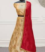 Beige Embroidery Satin Silk Party Wear  Ethnic Lehengas