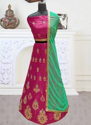 Pink Embroidery Satin Silk Party Wear Ethnic Lehengas 1