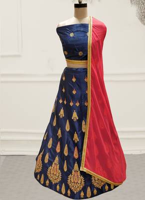 Blue Embroidery Satin Silk Party Wear  Ethnic Lehengas 1
