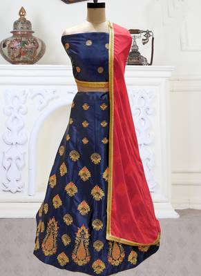 Blue Embroidery Satin Silk Party Wear  Ethnic Lehengas 1
