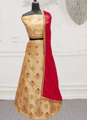 Beige Embroidery Satin Silk Party Wear  Ethnic Lehengas 1