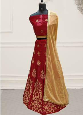 Red Embroidery Satin Silk Party Wear  Ethnic Lehengas 1