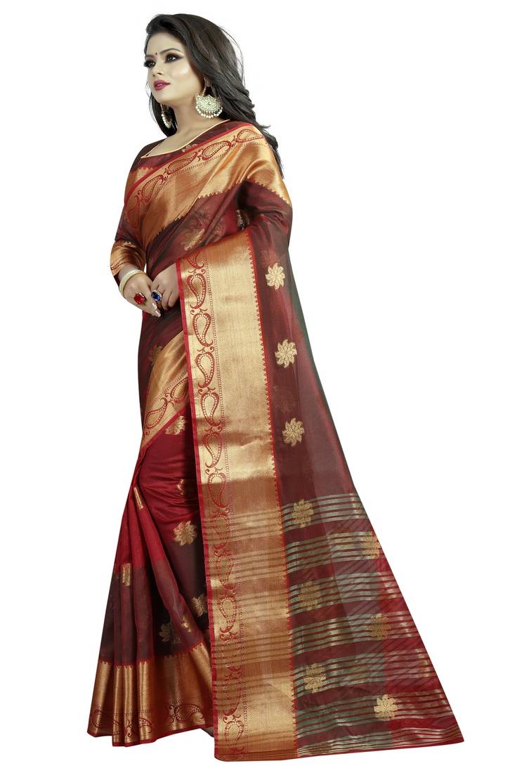 Maroon Banarasi Cotton Saree With Golden Border With Blouse