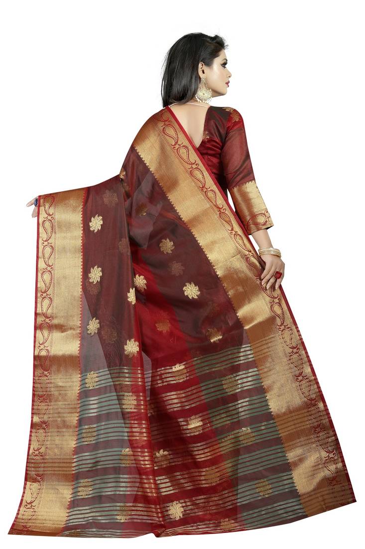 Maroon Banarasi Cotton Saree With Golden Border With Blouse