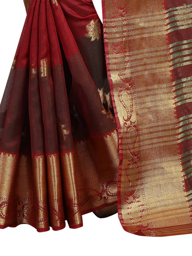 Maroon Banarasi Cotton Saree With Golden Border With Blouse