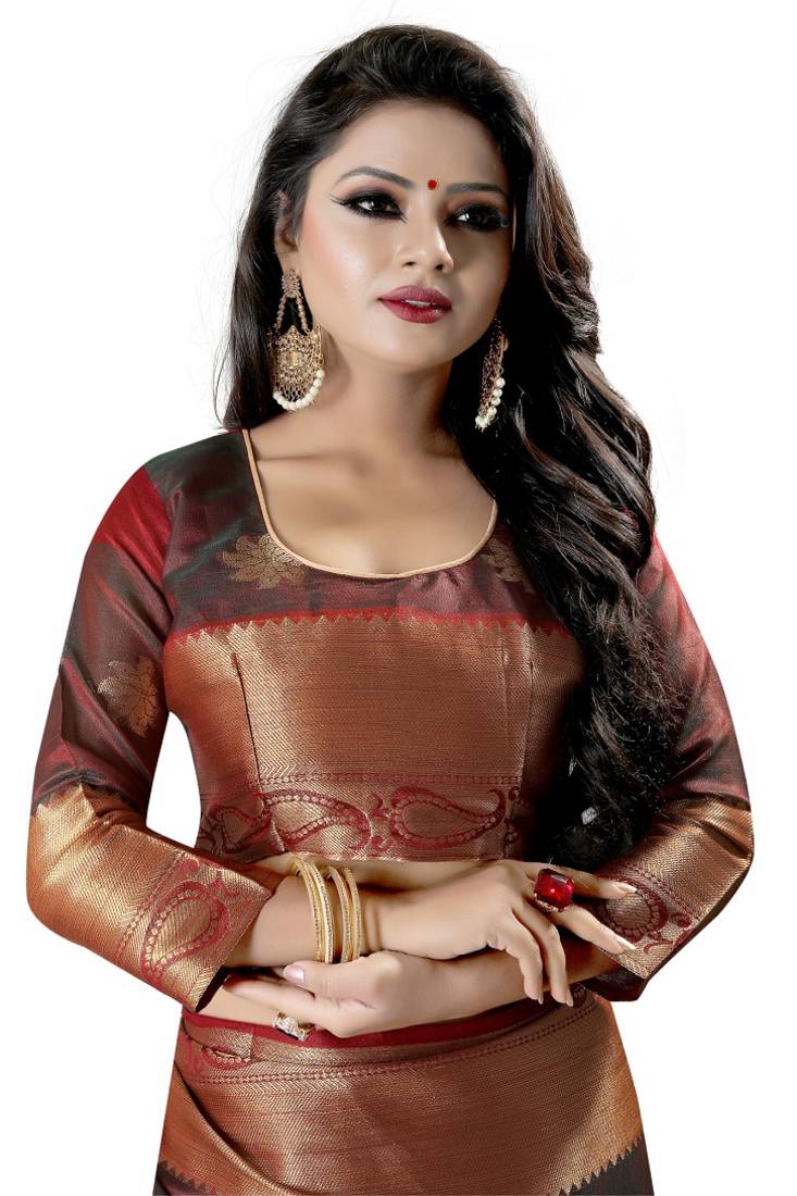 Maroon Banarasi Cotton Saree With Golden Border With Blouse