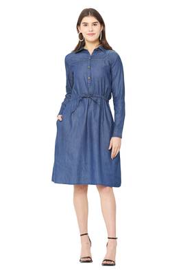 Navy-blue plain denim short-dresses 1
