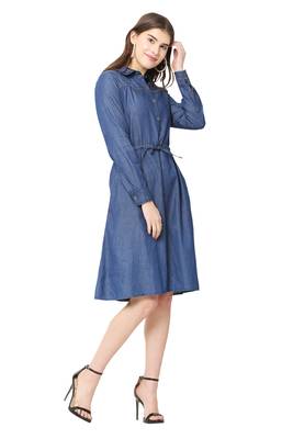 Navy-blue plain denim short-dresses 3