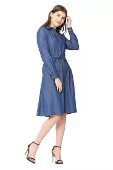 Navy-blue plain denim short-dresses