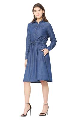 Navy-blue plain denim short-dresses 4
