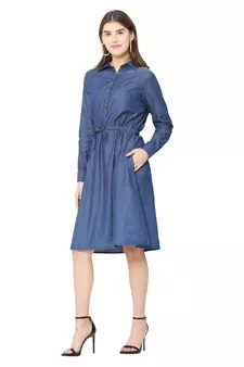 Navy-blue plain denim short-dresses