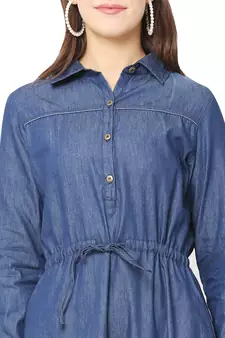 Navy-blue plain denim short-dresses