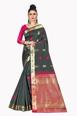 Grey woven silk blend saree with blouse 1