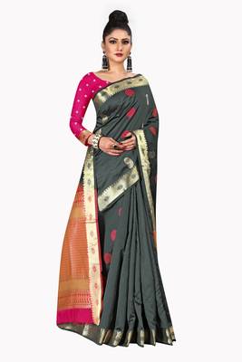 Grey woven silk blend saree with blouse 3